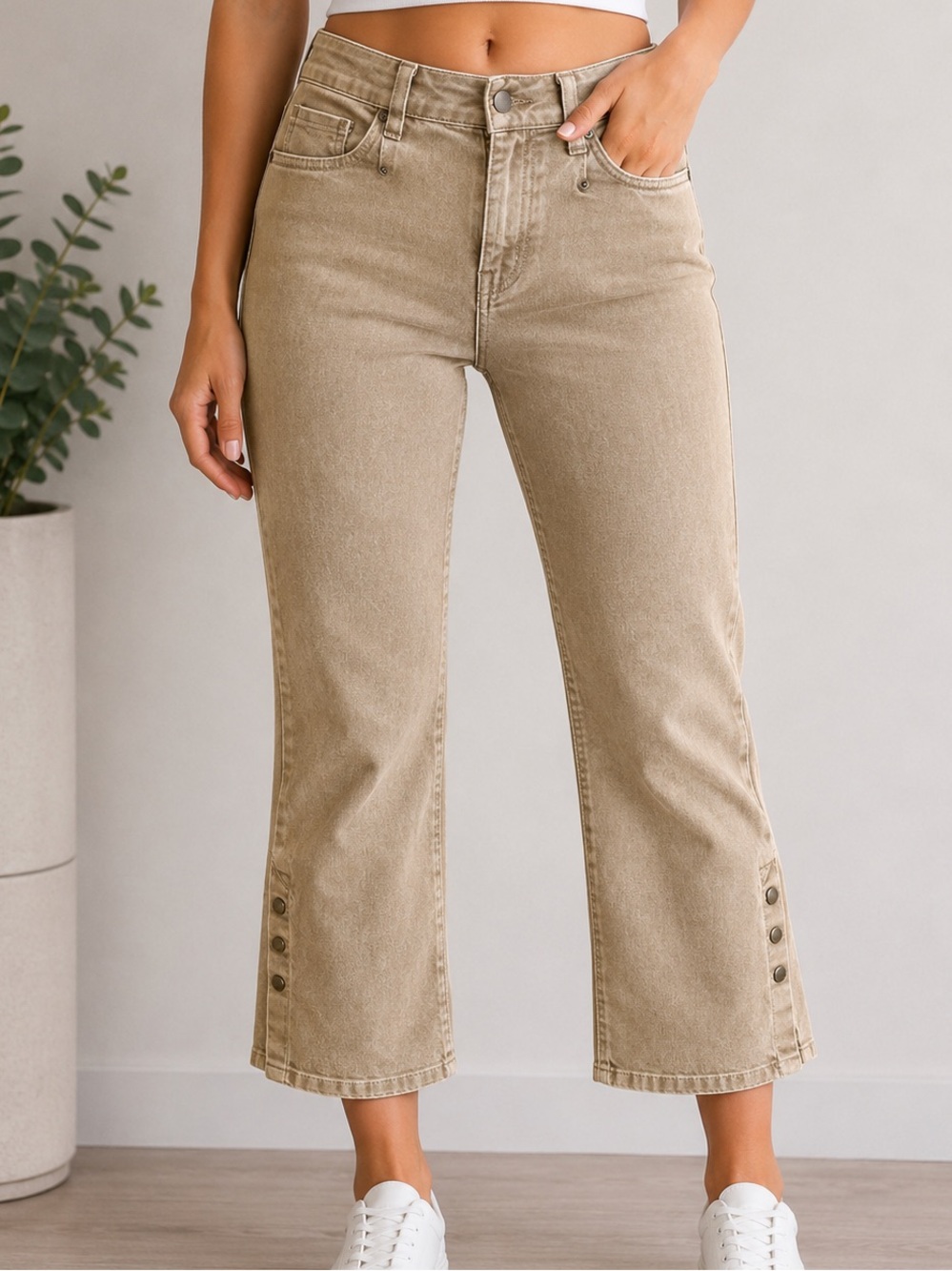 Vintage Bess Y2K Capri Jeans Mid Rise Cropped Flare Button Hem Tan S